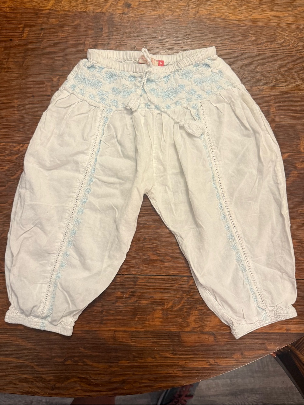 Pink Chicken White & Light Blue Embroidered Balloon Drawstring Pants
